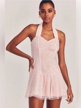 LoveShackFancy Peterson Blush Seashell Pink Sequin Halter Mini Dress Rt: $595
